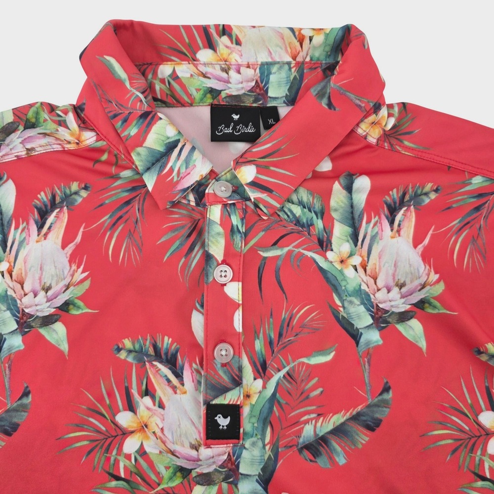 Bad Birdie Mens XL Red Tropical Floral Golf Polo Shirt Short Sleeve Performance